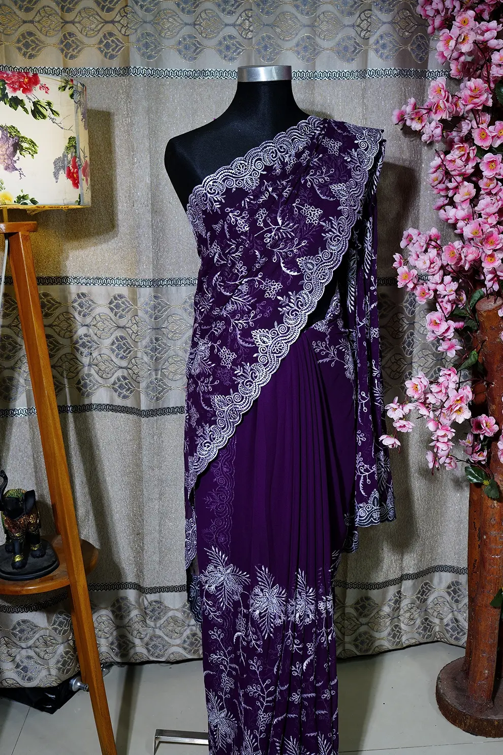 Wine Sarwaski Stone Silk Blend Saree with Embroidery